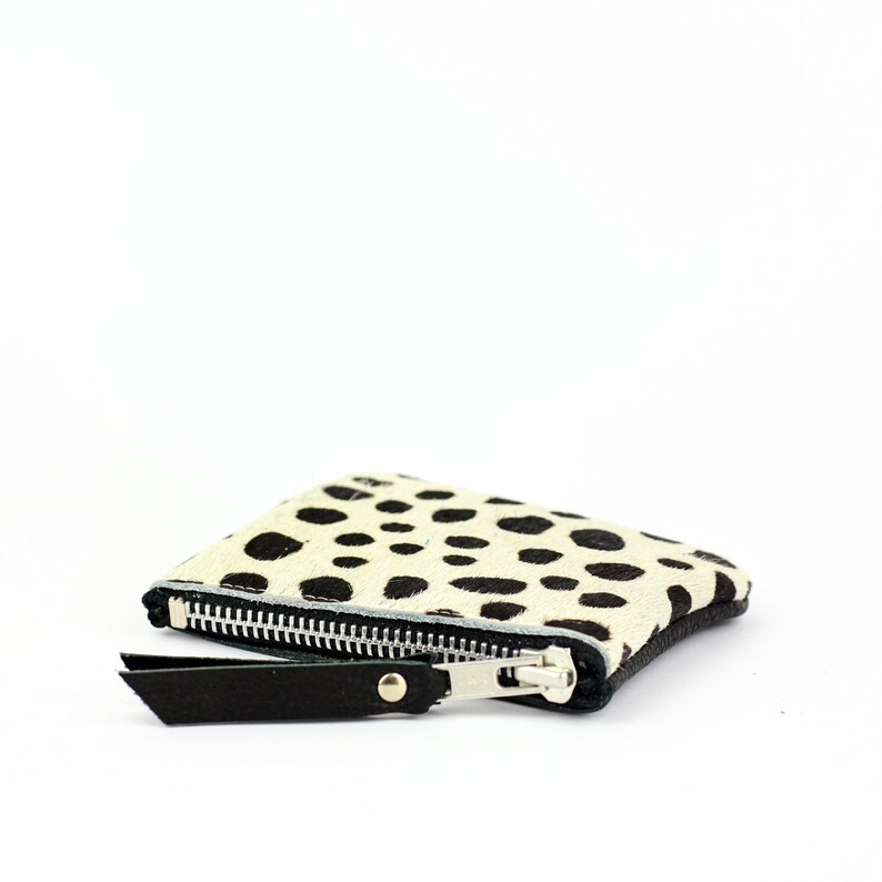 Spotty Leather Zip Coin Pouch // Dalmation Spot Coin Putse, Black and White Zipped Pouch, Minimalist Leather Pouch image 2