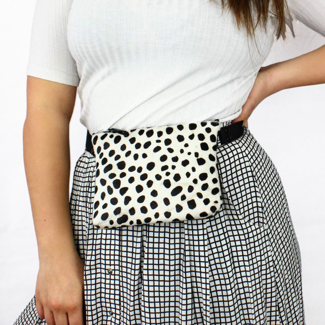 Spot Print Leather Bum Bag // Black and White Leather Bag, Leather Waist Bag, Convertible