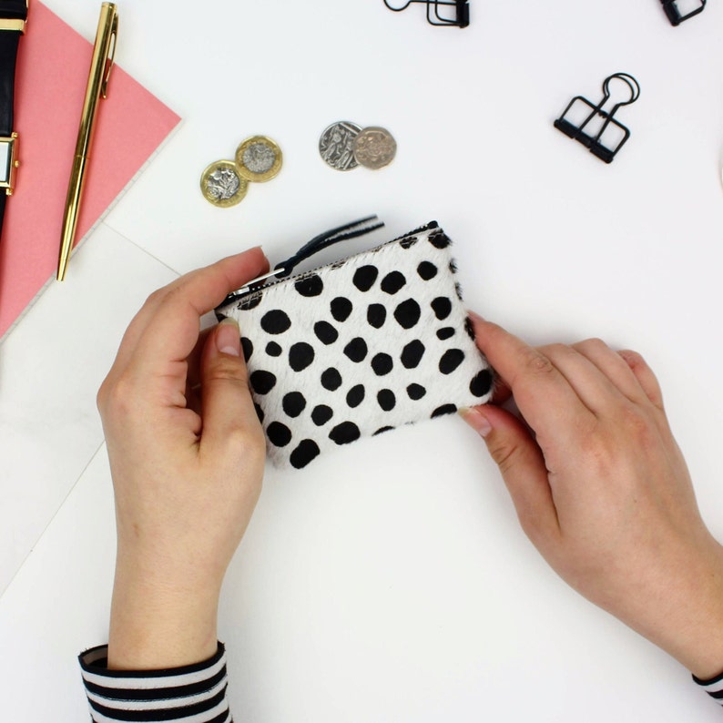 Spotty Leather Zip Coin Pouch // Dalmation Spot Coin Putse, Black and White Zipped Pouch, Minimalist Leather Pouch image 5