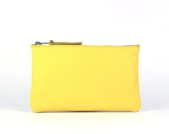 Lemon Yellow Leather Purse // Small Leather Pouch, Personalized Gift, Handmade Leather Wallet