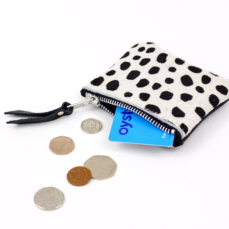 Spotty Leather Zip Coin Pouch // Dalmation Spot Coin Putse, Black and White Zipped Pouch, Minimalist Leather Pouch image 3