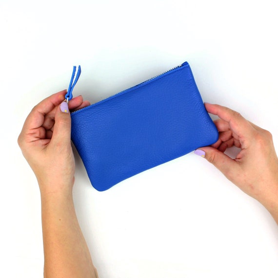 Cobalt Blue Cowhide Leather Zip Pouch // Small Leather Wallet 