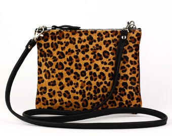 Leopard Print Leather Crossbody Purse // Animal Print Leather Bag, Leopard Leather Minimalist Shoulder Bag