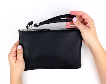 Black Leather Clutch // Small Leather Clutch Bag, Leather Wristlet