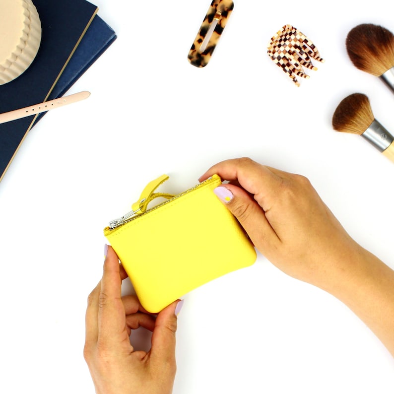 Bright Yellow Leather Coin Pouch // Coin Purse, personalized wallet, handmade purse, small womens wallet, leather coin, card holder leather image 1