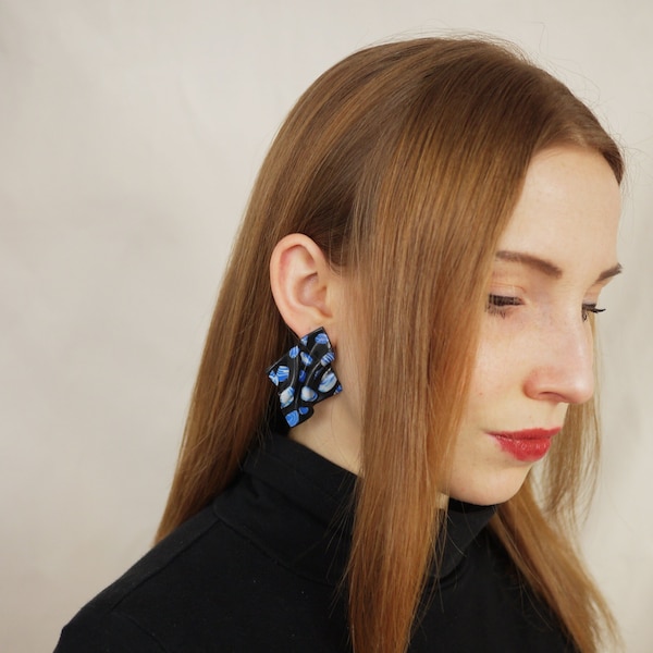 Ear Rings  - Black Terrazzo,  handmade in Paris, Folding design, Modern decor design, Polymer clay, light weight earrings, urban jewellery