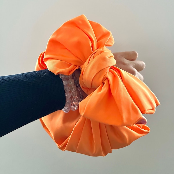 Silk Handbag Taffeta fluo orange Mini Bag Furoshiki Inspired Knot Bow Zip Clutch Handmade in Paris Free Shipping for Europe