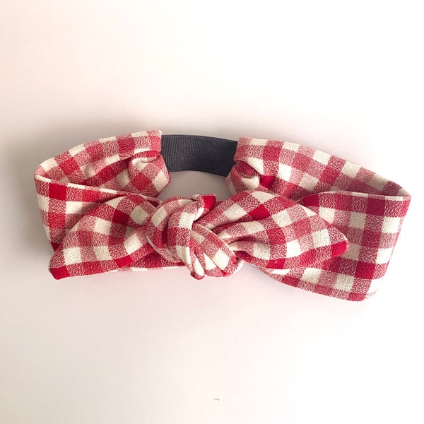 Headband Wool Cotton Plaid Check Pattern fabric  White and Red modern 90s handmade in Paris Adjustable Size Free shipping EU + UK