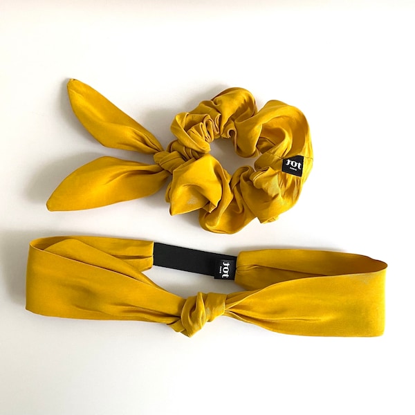 Headband et Chouchou en tissu Taffeta Soie mustard fabriqué en France Accessoires Cheveux pour femme