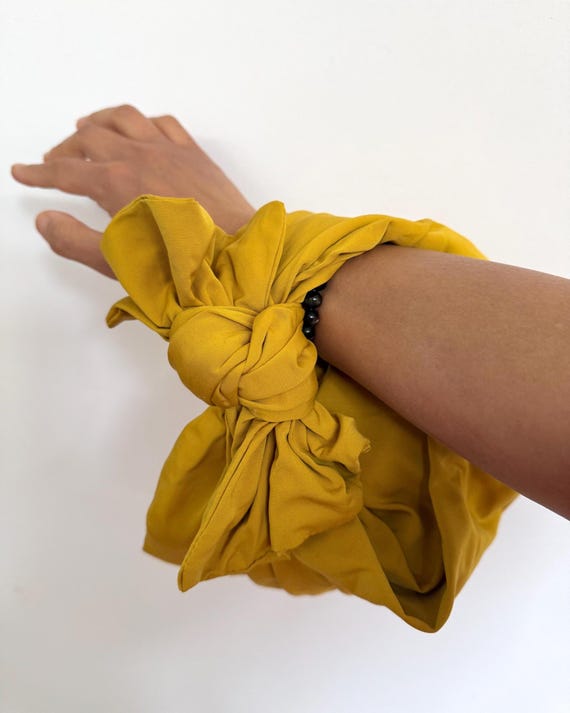Bag Furoshiki Inspired Silk Handbag Taffeta Mustard colour Knot Bow Zip Clutch Handmade in Paris Free Shipping for Europe