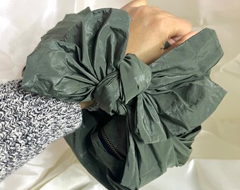 Silk Handbag Taffeta Kaki iridescent Mini Bag Furoshiki Inspired Knot Bow Zip Clutch Handmade in Paris Free Shipping for Europe
