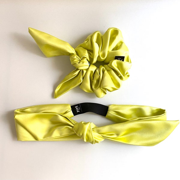 Headband Srunchie Silk Satin Duchess fabric Fluo Yellow Turban Adjustable Size 90s Kid Style Hair Accessories Handmade in Paris For Woman