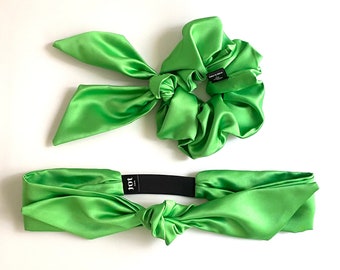 Headband Srunchie Silk Satin Duchess fabric Fluo Green Hairband Adjustable Size 90s Kid Style Hair Accessories Handmade in Paris For Woman