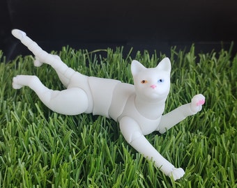 May include: A white articulated cat doll with one blue eye and one pink eye, lying on its side in green grass.
