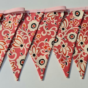 Floral Bunting Bold Print Pink, Cream, Orange and Black Summer Flowers Modern Double Sided Cotton Flags Handmade Banner Garland