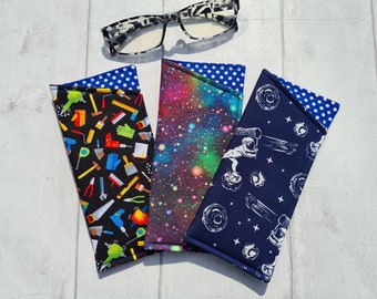 Étui à lunettes fait main souple rembourré pochette à lunettes espace univers outils constructeur astronaute tissu coton enfants hommes garçons cadeau fête des pères