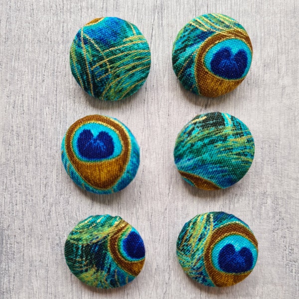 Peacock Feather Fabric Buttons 22mm Handmade Fabric Covered Buttons Metallic  Cotton Fabric Metal Buttons Sets of 6 Bird Lover