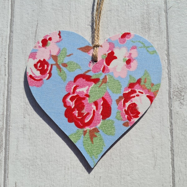 Blue Floral Heart Decoration 10cm Cath Kidston Rose Wooden Hanging Heart Home Decor Plaque Gift Tag Rustic Rosali Valentine