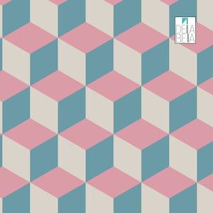 May include: Abstract geometric pattern with alternating light grey, pale pink, and teal cubes.