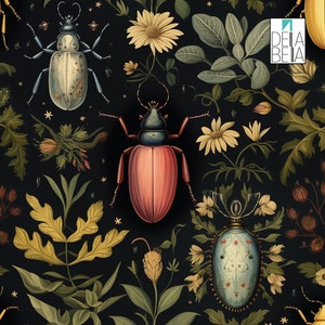 May include: A dark background with a repeating pattern of stylised insects, flowers, and leaves. The insects are beetles with intricate details and vibrant colours, including pink, blue, and white. The flowers are yellow and white with delicate petals. The leaves are green and yellow with a variety of shapes and sizes. The text "DEIA BEIA" is visible in the top right corner of the image.