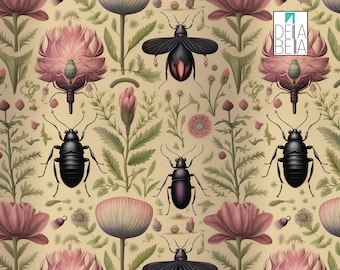 Op de afbeelding: Een naadloos patroon met een beige achtergrond met roze bloemen, groene bladeren en zwarte kevers. Het patroon wordt herhaald over de hele afbeelding.