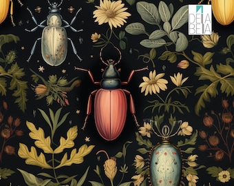Op de afbeelding: Een donkere achtergrond met een herhalend patroon van gestileerde insecten, bloemen en bladeren. De insecten zijn kevers met ingewikkelde details en levendige kleuren, waaronder roze, blauw en wit. De bloemen zijn geel en wit met delicate bloemblaadjes. De bladeren zijn groen en geel met een verscheidenheid aan vormen en maten. De tekst "DEIA BEIA" is zichtbaar in de rechterbovenhoek van de afbeelding.