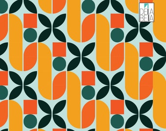 May include: Abstract geometric pattern with orange, yellow, green, and blue shapes on a light blue background.