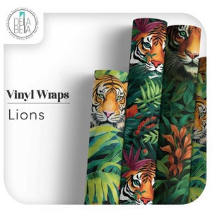Op de afbeelding: Vinyl wraps met een tijgerprint met groene en oranje bladeren. Het gezicht van de tijger is zichtbaar in het midden van de afbeelding.