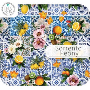 Sorrento Peony blue azulejo tile vinyl wrap featuring sunflowers and pink peony flowers.