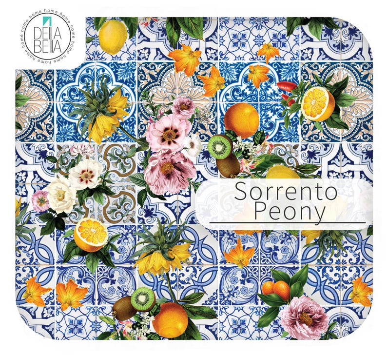 Sorrento Peony blue azulejo tile vinyl wrap featuring sunflowers and pink peony flowers.