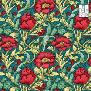 Op de afbeelding: Een naadloos patroon met rode klaprozen en groene bladeren op een teal achtergrond. Het ontwerp doet denken aan de Art Nouveau-stijl.