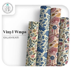 May include: Five rolls of vinyl wraps with floral Kalamkari patterns in cream, blue, and pink. The rolls are arranged vertically, showcasing the variety of designs. Text on the left reads "Vinyl Wraps" and "Kalamkari".
