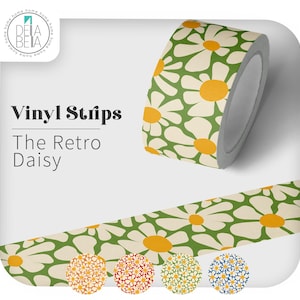 Green and yellow retro daisy peel and stick vinyl tape for door edge decor and dopamine decor styling by Della Bella UK.