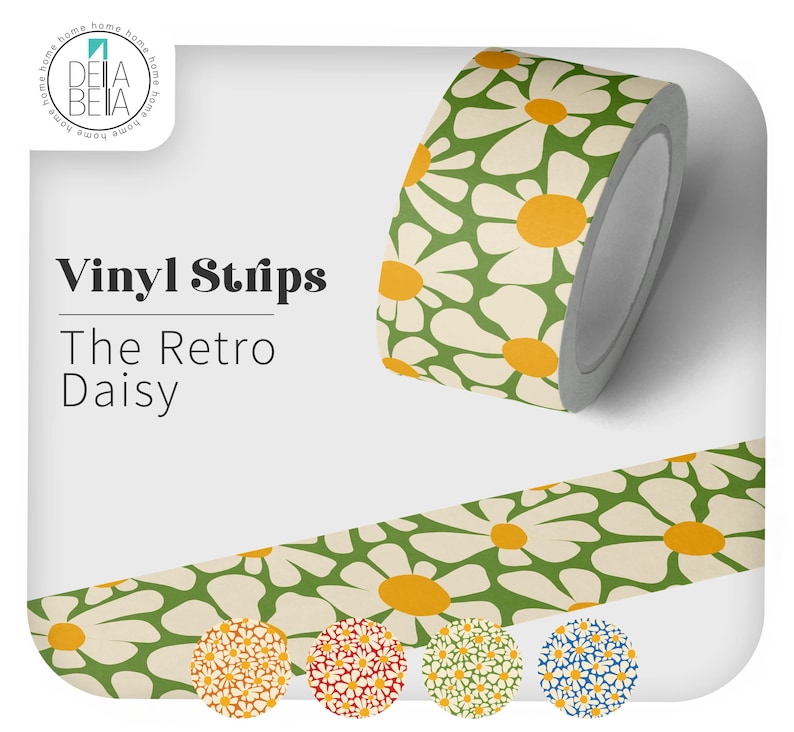 Green and yellow retro daisy peel and stick vinyl tape for door edge decor and dopamine decor styling by Della Bella UK.