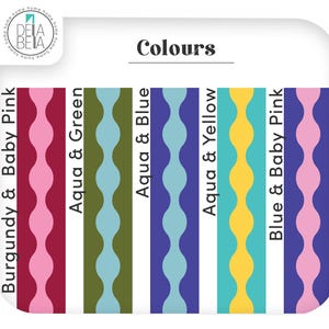 K&ouml;nnte beinhalten: Eine Farbtafel mit f&uuml;nf vertikalen Streifen mit gewellten Kanten. Die Farbkombinationen sind als Burgundy & Baby Pink, Aqua & Green, Aqua & Blue, Aqua & Yellow und Blue & Baby Pink beschriftet. Das Della Bella Logo befindet sich oben links.