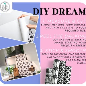 Op de afbeelding: Afbeelding met doe-het-zelf vinyl voor huisdecoratie. De tekst luidt "DIY DREAM" met instructies: meten & snijden, de achterkant eraf halen en plakken & gladstrijken. Rollen zwart-wit patroonvinyl worden getoond.