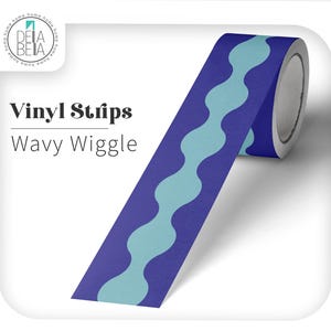 Royal blue and light blue Wavy Wiggle peel and stick vinyl decor strip. Heavy-duty waterproof wall trim designed for maximalist stair riser decals and vibrant door edge strips.