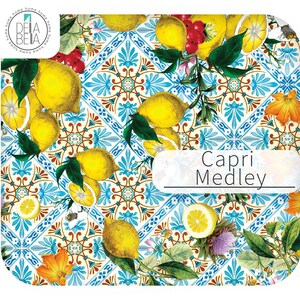 Capri Medley Mediterranean vinyl wrap with lemons and botanical thistles over azure blue diamond tiles.