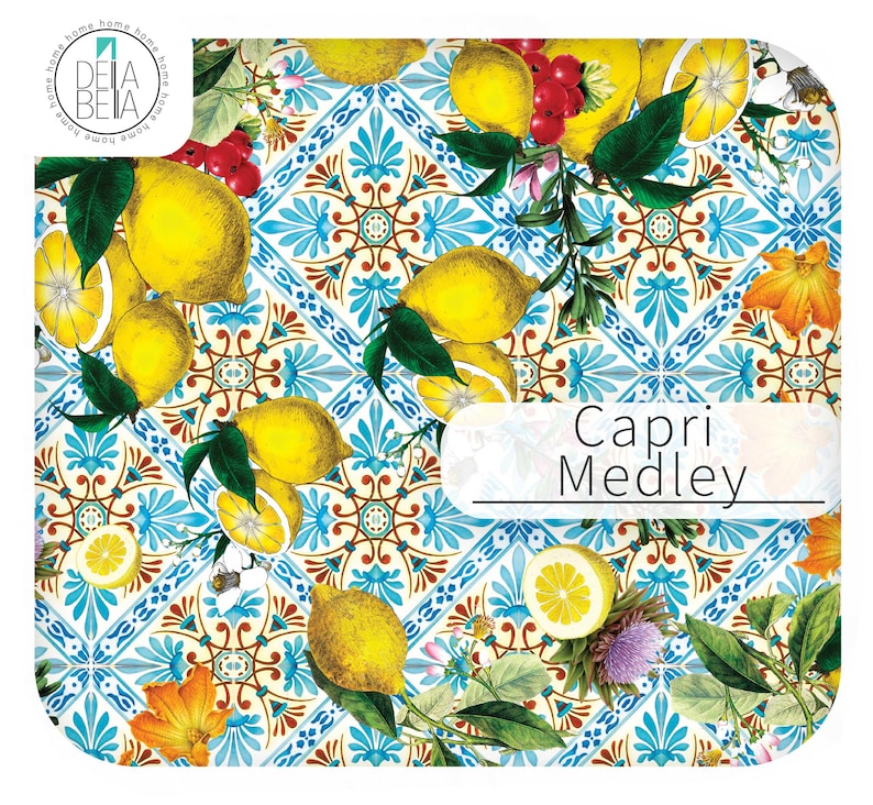 Capri Medley Mediterranean vinyl wrap with lemons and botanical thistles over azure blue diamond tiles.
