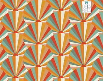 May include: A seamless pattern featuring repeating circles with radiating lines in shades of orange, red, yellow, green, and beige. The circles are arranged in a staggered pattern, creating a dynamic and visually appealing design.
