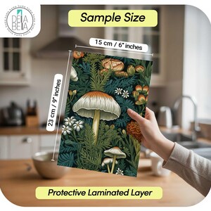 May include: A decorative panel featuring a mushroom and floral design in shades of green, brown, and white. The panel is 9 inches by 6 inches and has a protective laminated layer. The text "Sample Size" and "Protective Laminated Layer" are visible.