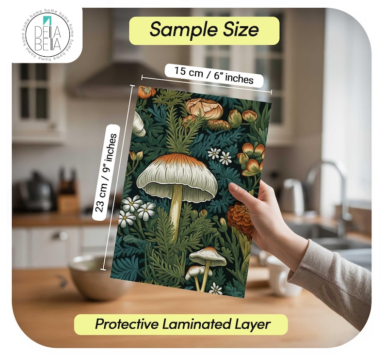 May include: A decorative panel featuring a mushroom and floral design in shades of green, brown, and white. The panel is 9 inches by 6 inches and has a protective laminated layer. The text "Sample Size" and "Protective Laminated Layer" are visible.