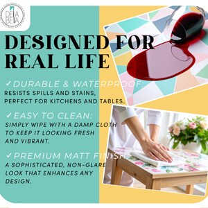 May include: A promotional image for a table mat. The mat has a geometric pattern and is shown with spilled red liquid. Text on the image reads "DESIGNED FOR REAL LIFE" and highlights features like durability, waterproof, and easy to clean.