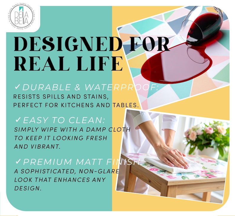 May include: A promotional image for a table mat. The mat has a geometric pattern and is shown with spilled red liquid. Text on the image reads "DESIGNED FOR REAL LIFE" and highlights features like durability, waterproof, and easy to clean.