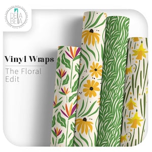 May include: A selection of vinyl wraps with floral patterns. The rolls showcase designs with yellow sunflowers, green leaves, and bird of paradise flowers on a cream backdrop. The text "Vinyl Wraps The Floral Edit" is displayed on the left side of the image.