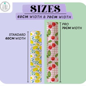 May include: Image showing two patterned rolls. One roll features lemons and flowers, the other cherries on a pink gingham background. Text indicates sizes: 60cm and 70cm width.