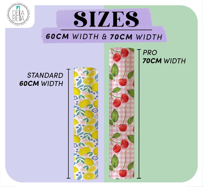 May include: Image showing two patterned rolls. One roll features lemons and flowers, the other cherries on a pink gingham background. Text indicates sizes: 60cm and 70cm width.