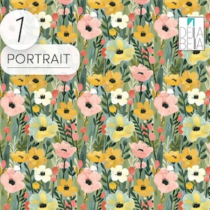 May include: A seamless pattern featuring a variety of flowers in shades of pink, yellow, and white. The flowers are set against a green background with small red dots. The pattern is perfect for use in a variety of creative projects.