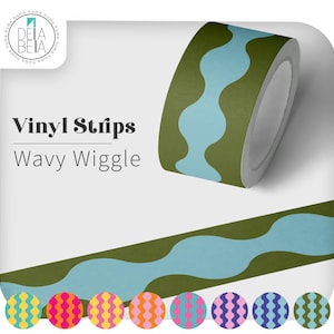Olive green and light blue Wavy Wiggle peel and stick vinyl strip roll. A retro wall border decal showing multiple bright colourway options for renter friendly DIY and dopamine decor upcycling.