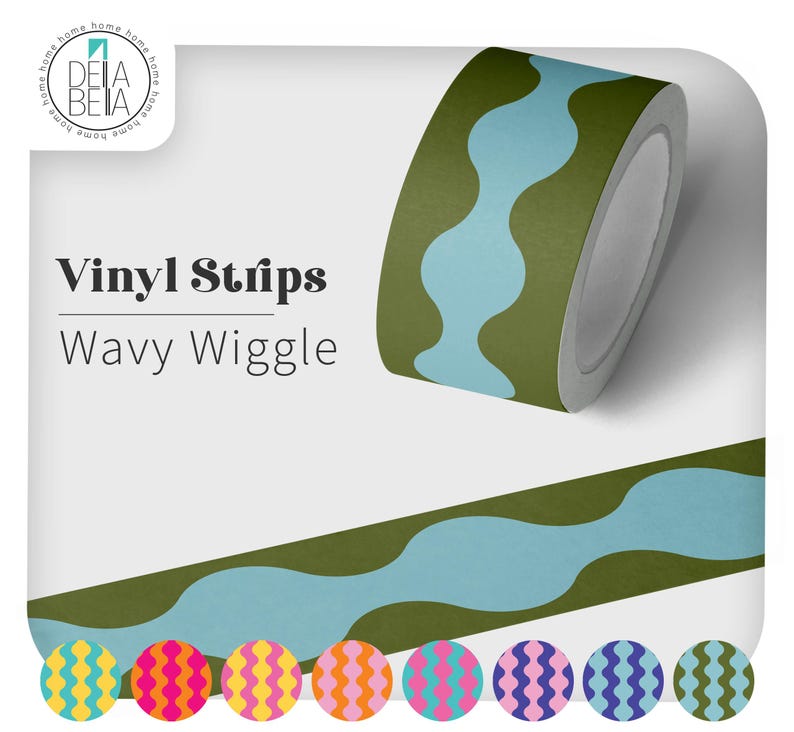 Olive green and light blue Wavy Wiggle peel and stick vinyl strip roll. A retro wall border decal showing multiple bright colourway options for renter friendly DIY and dopamine decor upcycling.